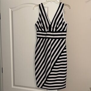 B. Smart Black and White Striped Midi Dress